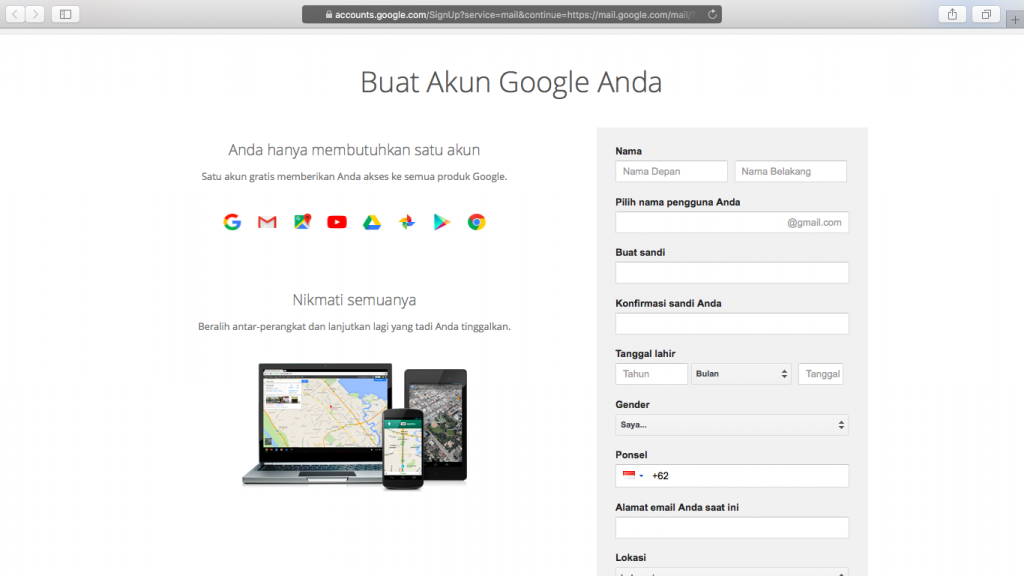 Formulir Mendaftar Aku Email di Gmail