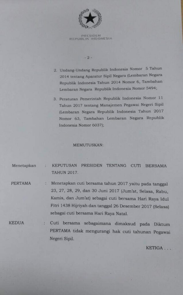 Keputusan Presiden Nomor 18 Tahun 2017 tentang Cuti Bersama