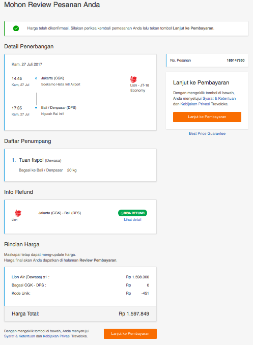 Review pesanan tiket pesawat traveloka.com